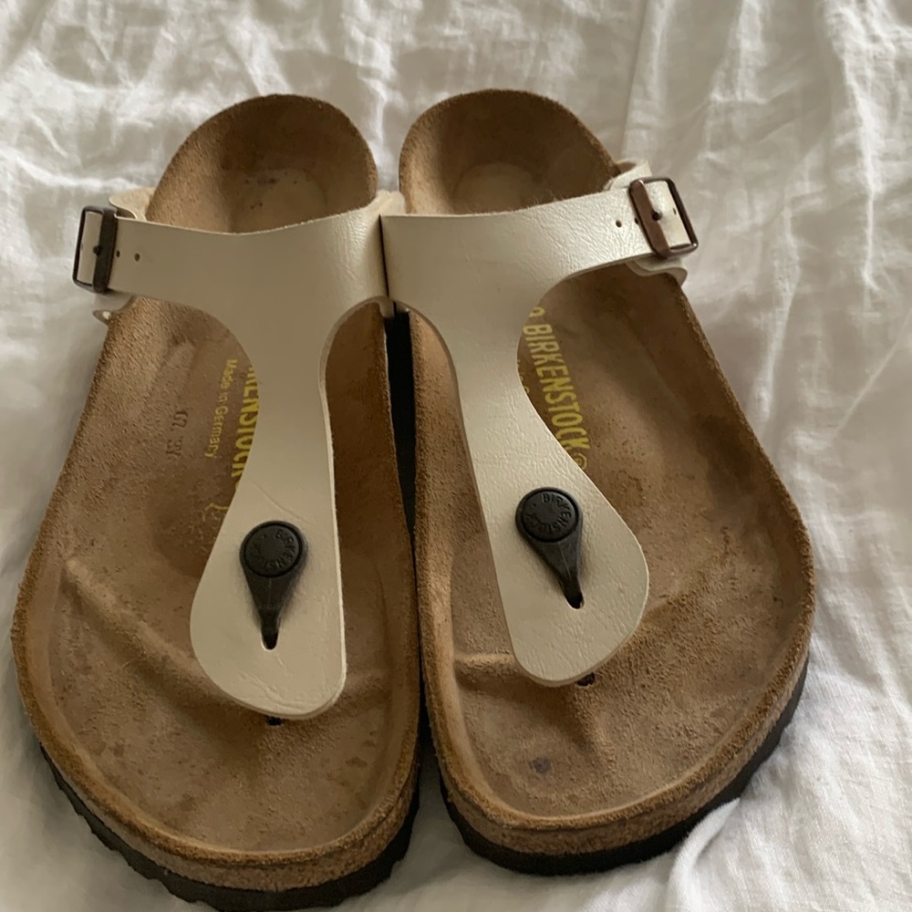 Birkenstock White and Tan Sandals